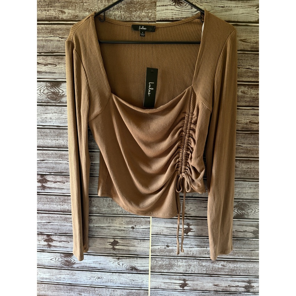 Lulus Women's Long-Sleeved Top Sz L Brown Ribbed Cinchable Tie Asymmetrical NWT